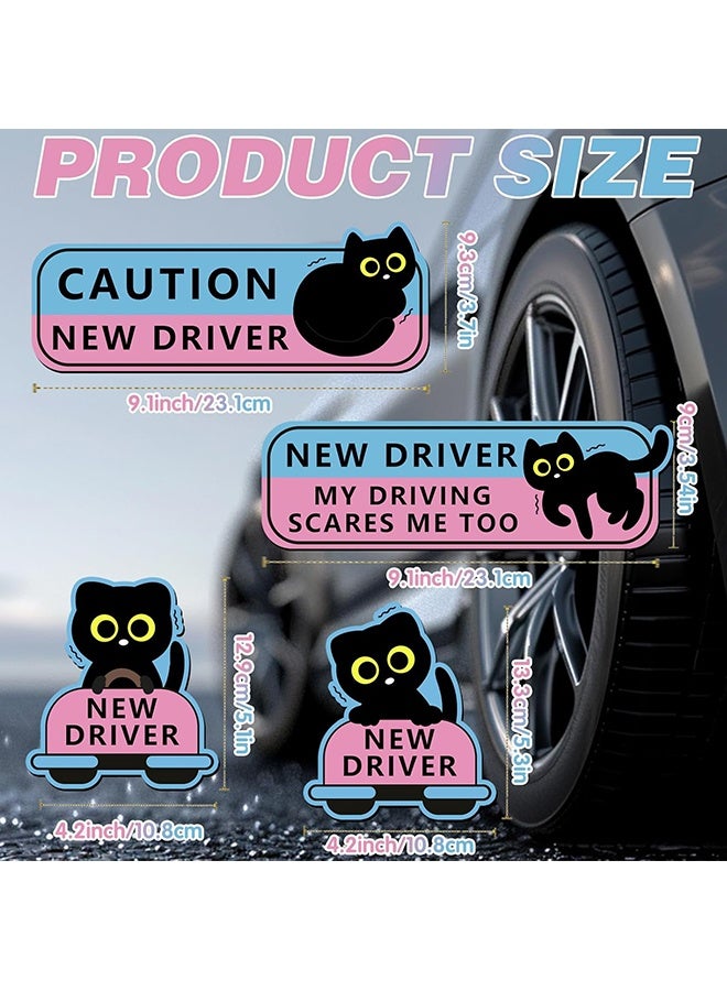 Wffo 4Pcs Black Cat New Driver Car Magnet Sticker Safety Sign, Cute Shivering Cat Student Driver Sign for Car Bumper, Funny Cartoon Nervous Caution Reusable Supplies - Image 2